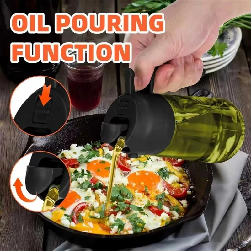 Dispensador y Rociador de Aceite de Vidrio 2 en 1, 16oz/470ml, Antiderrames, para Cocina, Freidora de Aire, Barbacoa, Repostería, Ensaladas - Botella Rociadora de Aceite de Oliva