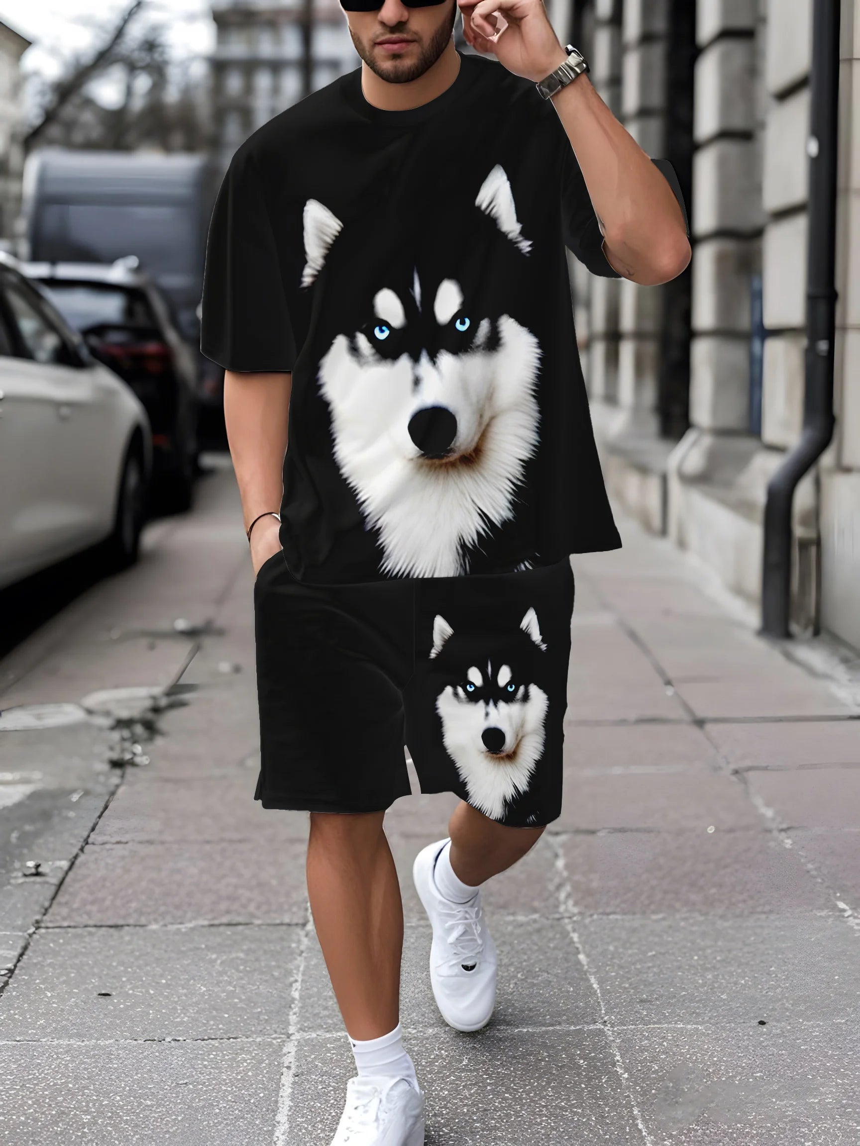 Conjunto Deportivo Casual de Verano para Hombre, Estilo Holgado, Moderno, con Estampado de Grafiti, Cuello Redondo, Manga Corta, Dos Piezas con Pantalones Cortos