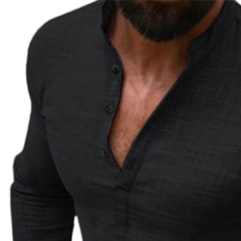 Top de manga larga para hombre, camisa de manga larga ajustada informal con botones suaves en la parte delantera, Color liso, manga larga para hombre