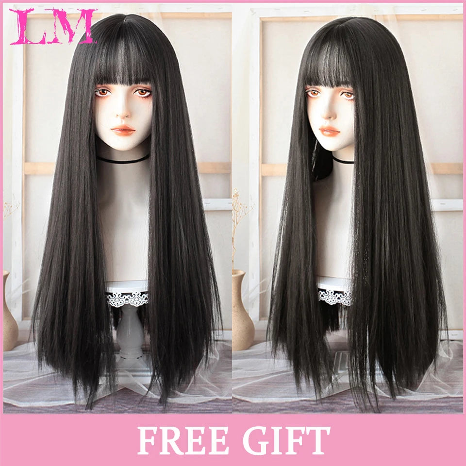 LM Rubio sintético Ombre mezclado rosa Rubio largo ondulado pelucas con flequillo Cosplay fiesta uso fibra resistente al calor para mujeres