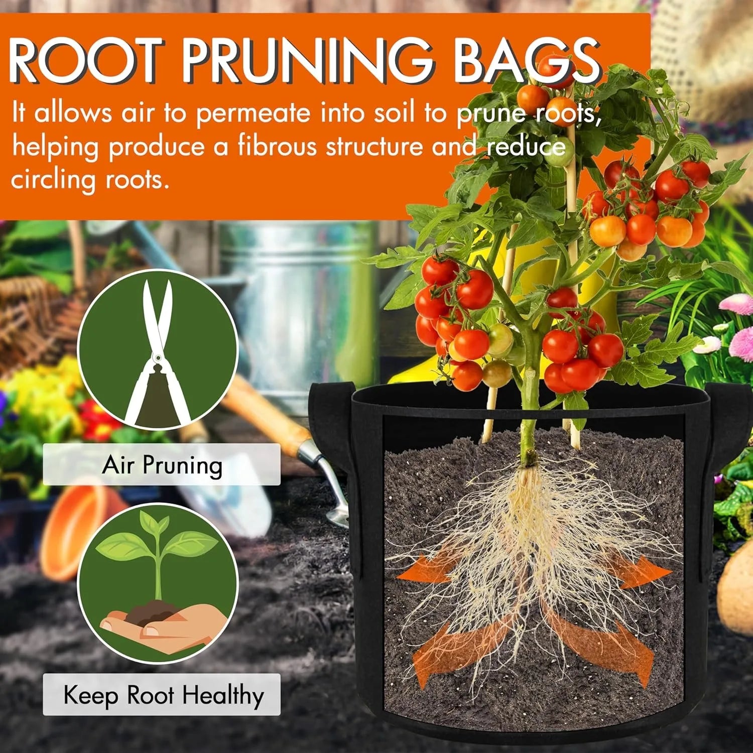 Paquete de 5 Bolsas de Cultivo de Tela + Alfombrillas Antihierbas y Etiquetas Gratis, Macetas de Tela No Tejida para Tomates, Fresas y Vegetales, Macetas de Poda Aérea Tamaños S/M/L/XL/2XL/3XL