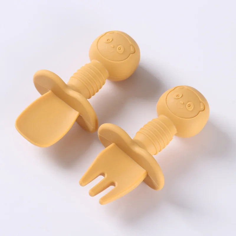 2 piezas de cubiertos de silicona con mango de madera de grado alimenticio para niños, cuchara y tenedor para entrenamiento de bebés, cuchara para alimentación complementaria, cuchara y tenedor para alimentación de bebés
