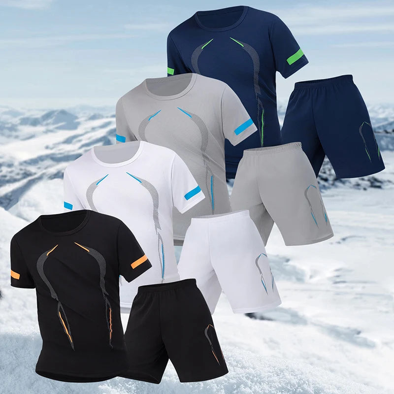 Conjunto de manga corta para hombre de las cuatro estaciones, camiseta estampada de secado rápido para deportes juveniles, Fitness, correr, cómodo e informal, 2 piezas