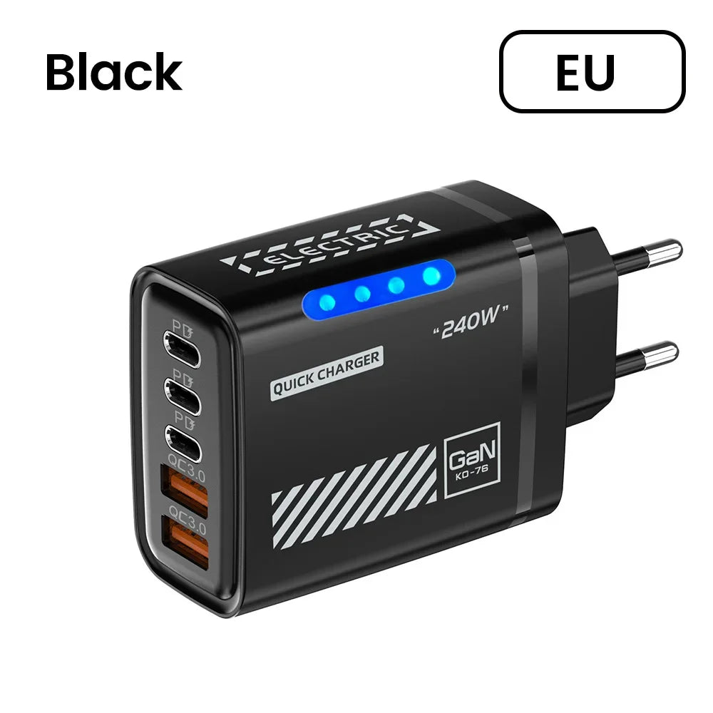 Cargador Rápido de Teléfono de 240W, Enchufe US/EU, QC3.0 PD USB, 5 Puertos, Cabezal de Carga GaN con Luz LED para iPhone 17 16, Samsung, Huawei
