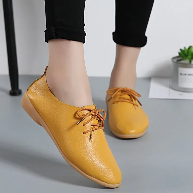 Mocasines de piel auténtica para mujer, zapatos informales, calzado suave con punta estrecha, zapatos planos de verano