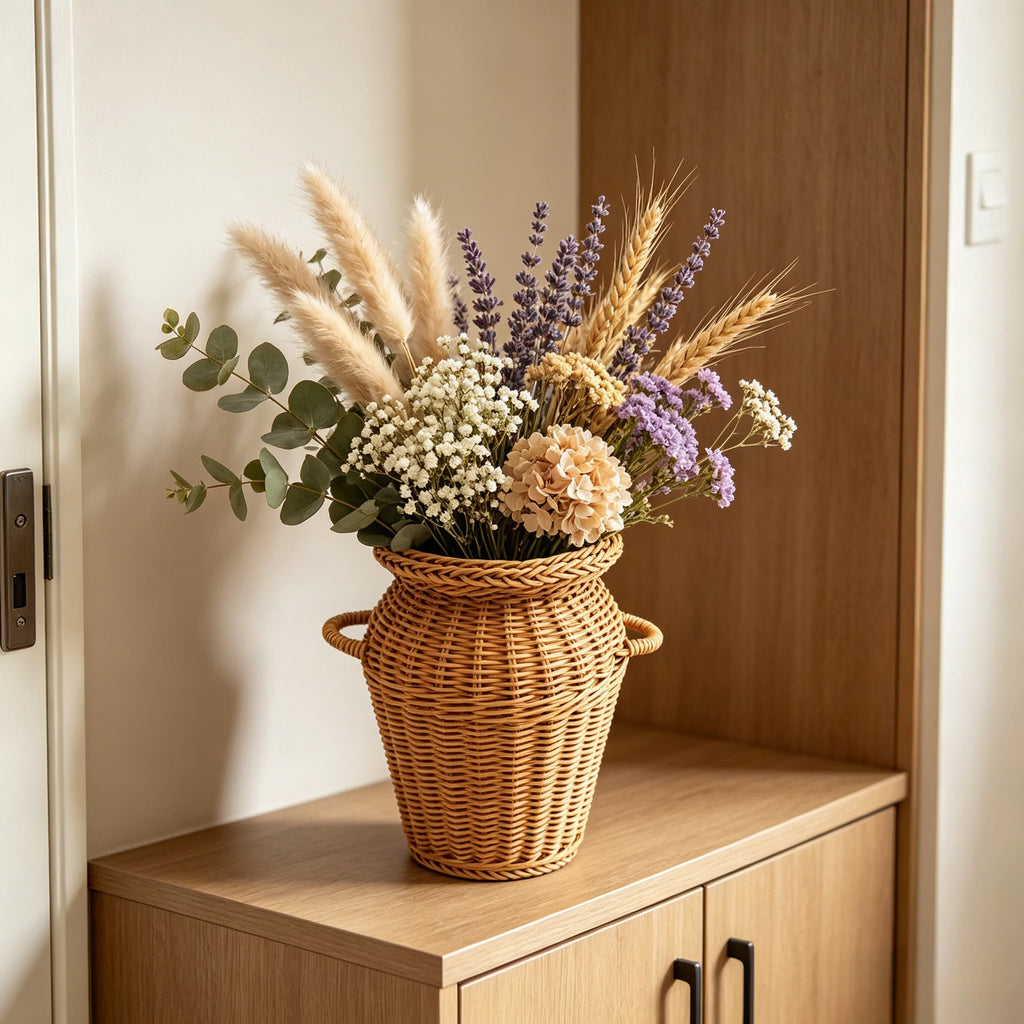 Jarrón de Ratán Tejido a Mano con Asas, Estilo Boho, Maceta Decorativa para Arreglos Florales de Interior y Decoración del Hogar
