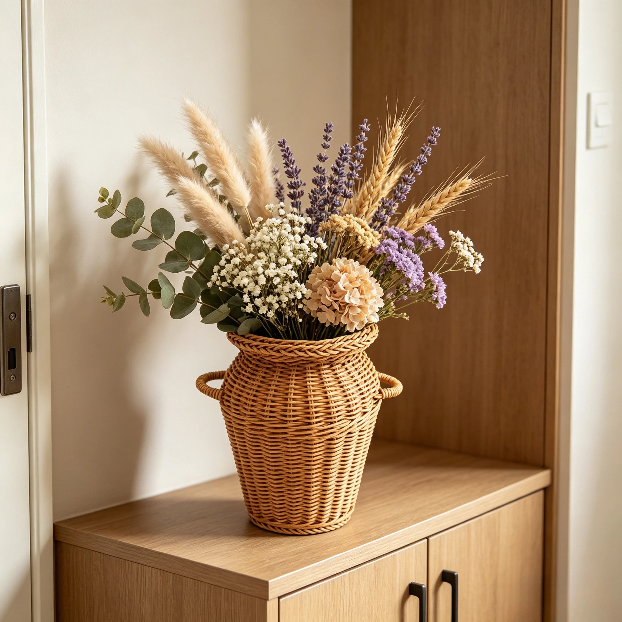 Jarrón de Ratán Tejido a Mano con Asas, Estilo Boho, Maceta Decorativa para Arreglos Florales de Interior y Decoración del Hogar