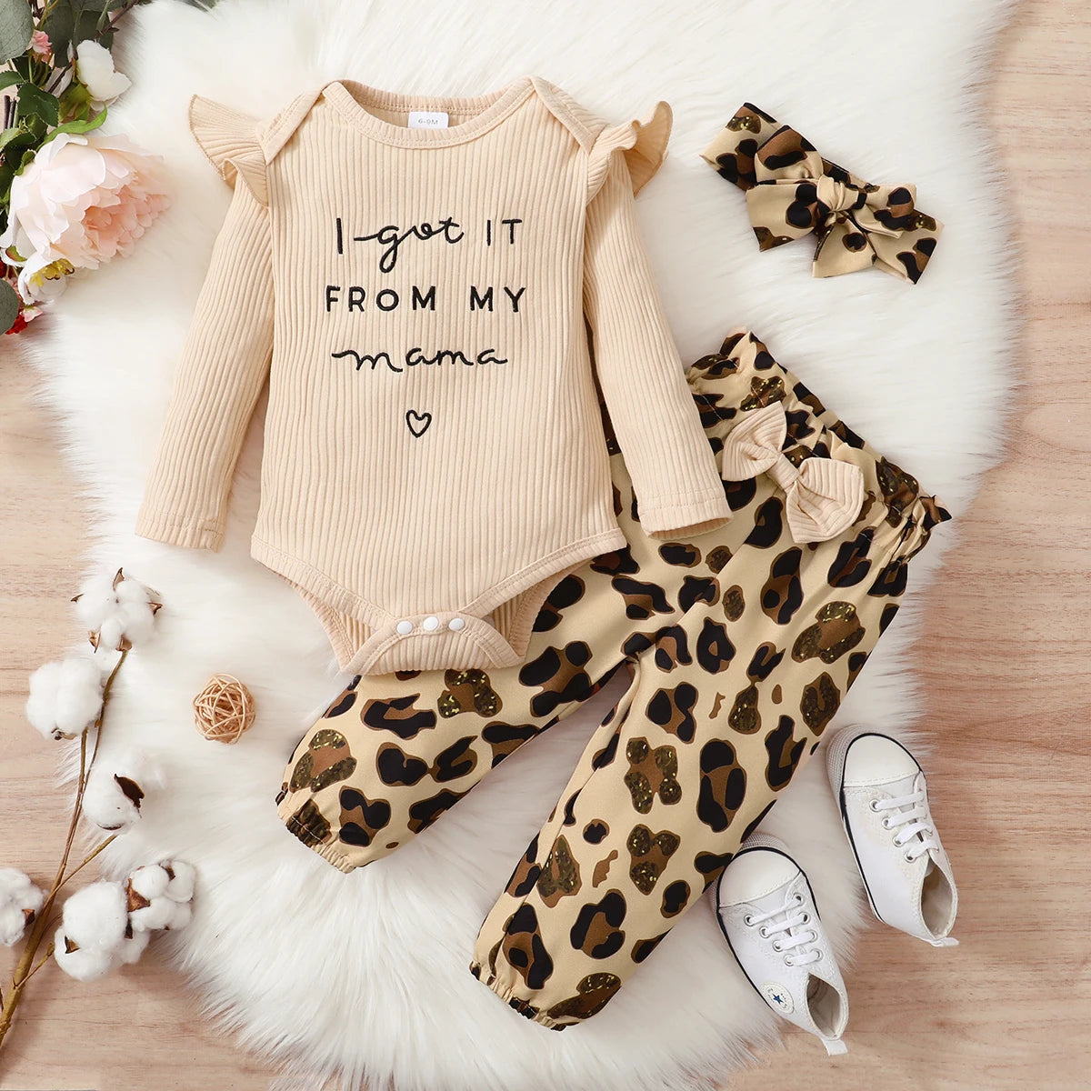 Conjunto de ropa para niña recién nacida de 0 a 18 meses, mono de manga larga, pantalones de leopardo y diadema, 3 uds., trajes de moda de otoño para niño niña