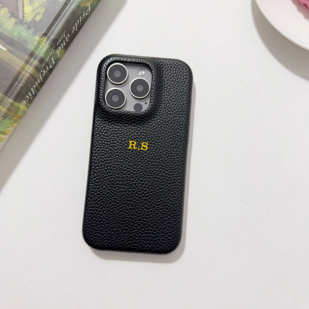 Funda rígida de cuero PU con nombre personalizado para iPhone16, 16e, 15, 14, 13, 12, 11 Pro, Funda trasera a prueba de golpes