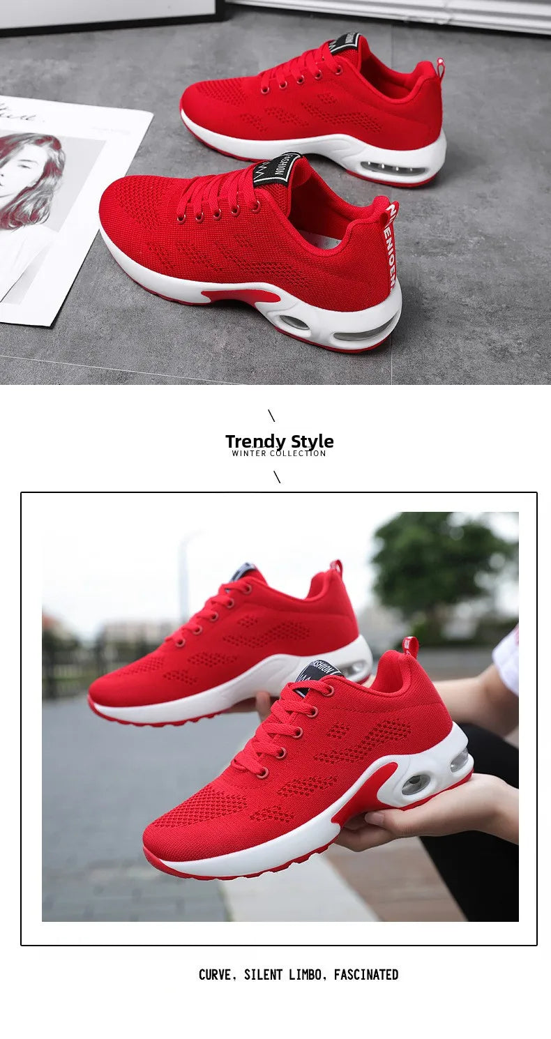 Zapatos deportivos transpirables con amortiguación de aire para mujer, zapatillas informales con cordones cruzados y tacón plano con punta redonda de estilo coreano