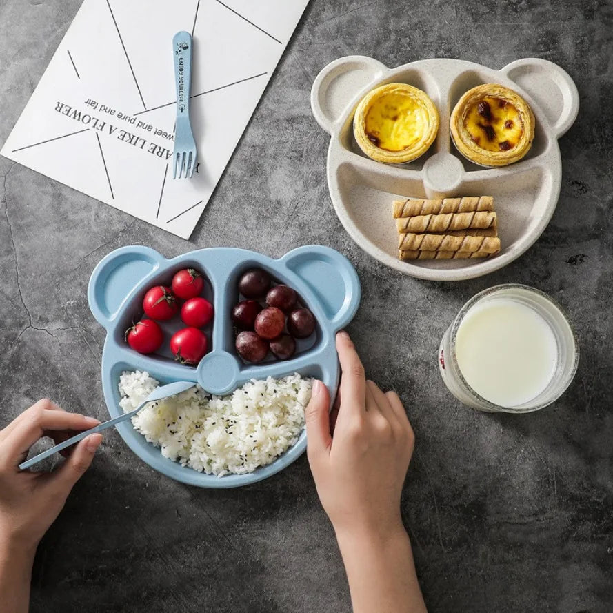 3 unids/set vajilla de alimentación de comida para bebé tazón de oso de dibujos animados + cuchara + tenedor vajilla para comer platos para niños plato de comedor para niños