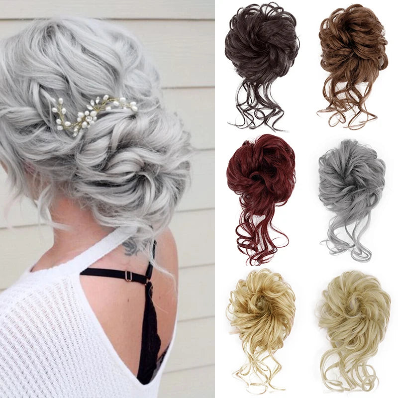 AZQUEEN moño de pelo sintético moño Natural gris desordenado banda para el cabello rizado elástico Scrunchy piezas de cabello falso para mujeres horquillas