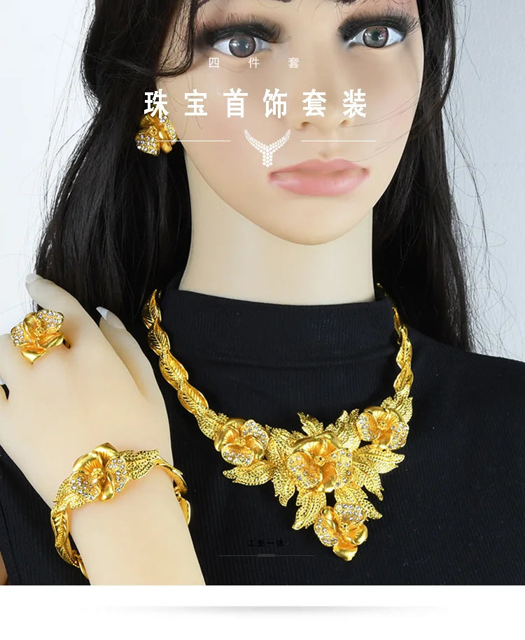 Juego de joyería nupcial de lujo en oro 24k Au999 para novias africanas y mujeres saudíes, collar, pulsera, aretes y anillo, 4 piezas, regalo.