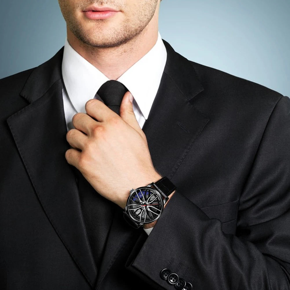 Reloj de pulsera de cuarzo para hombre, de acero inoxidable, a la moda, con esfera deportiva, llanta de coche, cubo de rueda, relojes de pulsera de lujo para negocios