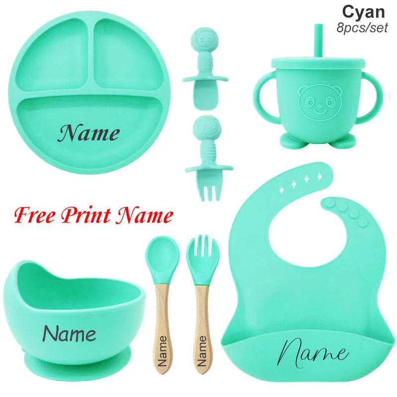 Juego de alimentación de bebé con nombre personalizado, plato de silicona para niños, tazón, taza de paja, vajilla personalizada para niños, suministros para bebés, regalo para recién nacidos