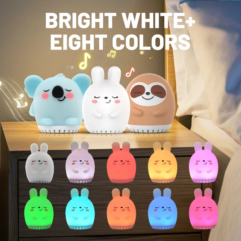 Mini máquina de ruido blanco de conejo bonito, luz LED nocturna, 20 música calmante para bebés, ayuda para dormir, lámpara de palmas de silicona para niños y niños