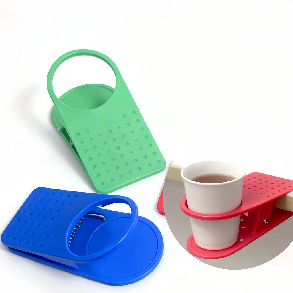 1 portavasos con clip, color aleatorio, clip para bebidas de mesa portátil de plástico duradero, adecuado para mesas y tablas