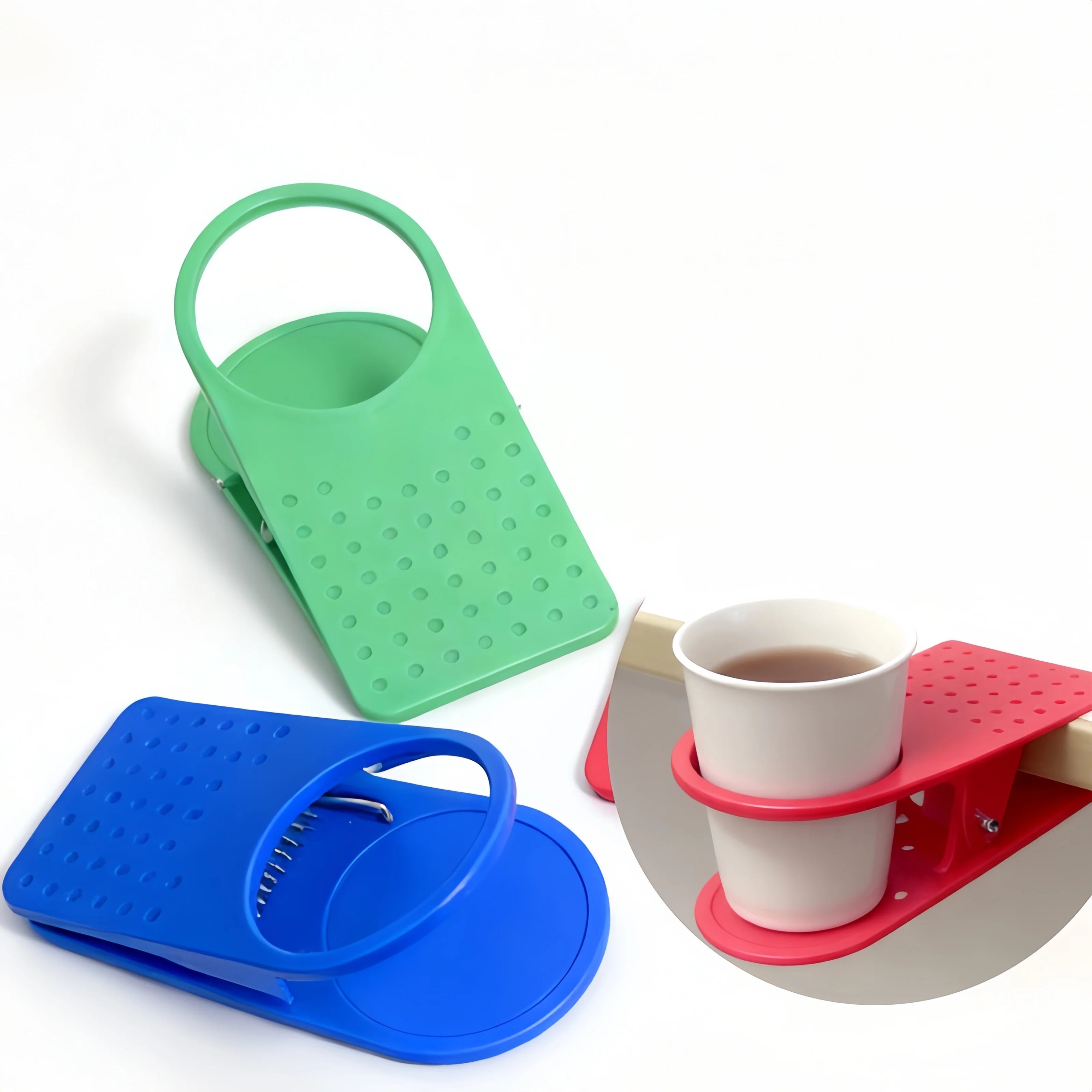 1 portavasos con clip, color aleatorio, clip para bebidas de mesa portátil de plástico duradero, adecuado para mesas y tablas