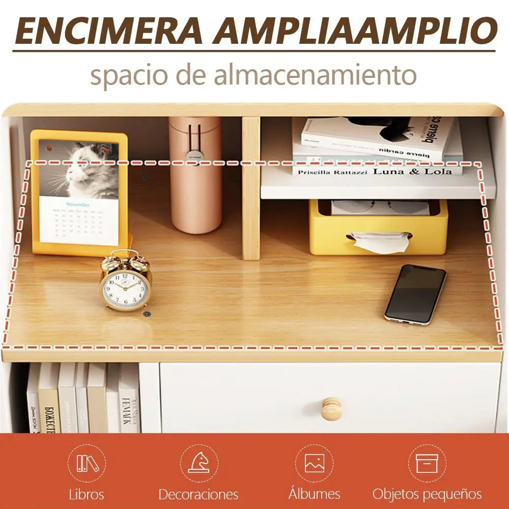 Mesita de Noche Moderna de 3 Niveles con Cajones y Patas, Mesa Auxiliar Duradera, Estable y Encantadora, con Estante