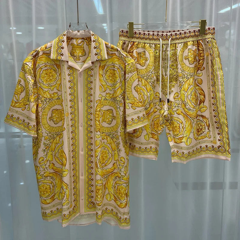 Conjuntos de camisa hawaiana Social de lujo para hombre, Top de manga corta con solapa a la moda, pantalones cortos, traje de 2 piezas, traje informal holgado para hombre