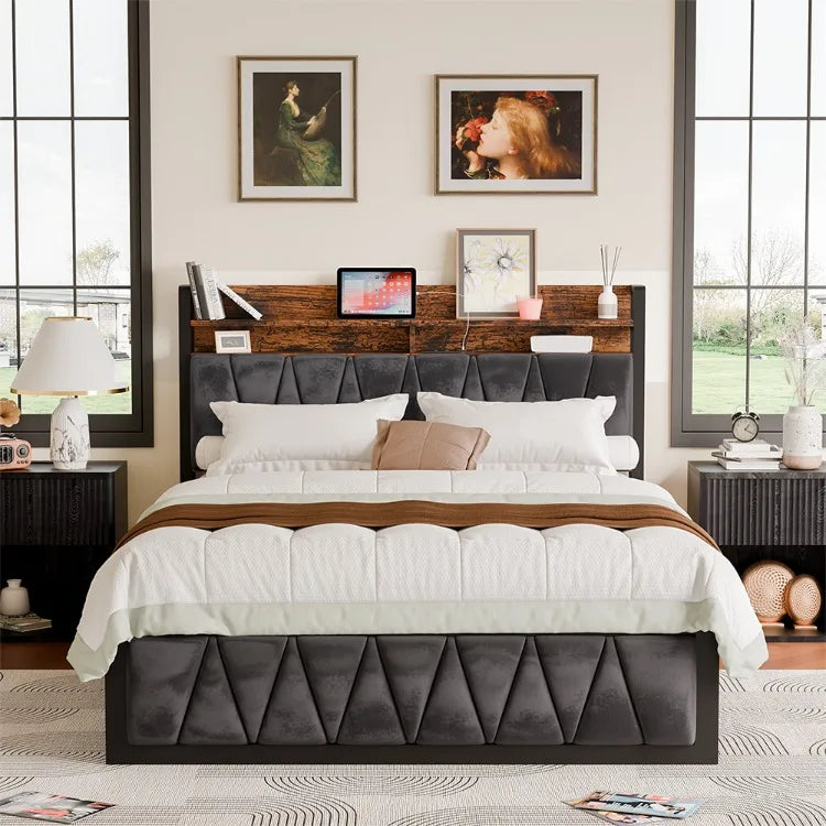 Base de Cama con Cabecero y Cajones, Somier de Madera para Colchón Matrimonial, Muebles para el Hogar