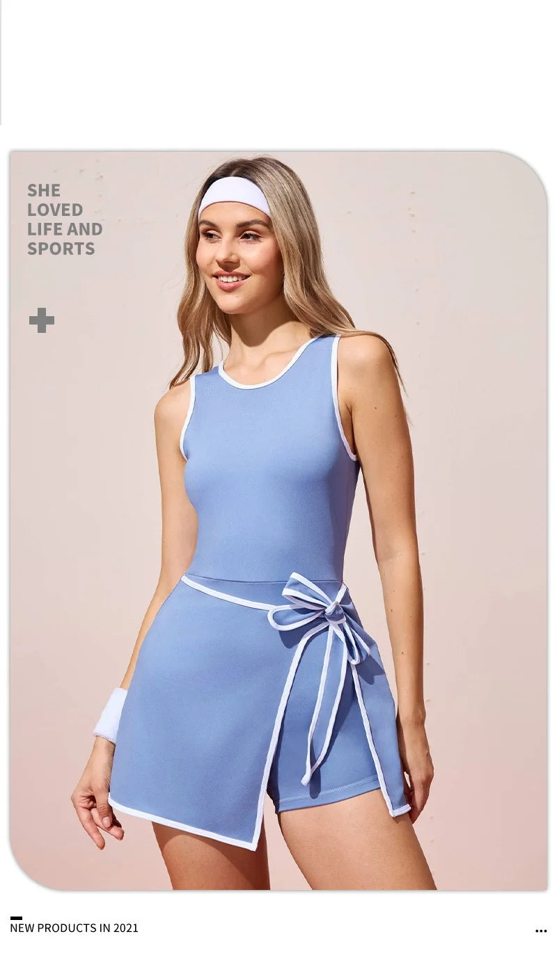 Vestidos de tenis y Golf para mujer, faldas pantalón falsas sin mangas de 2 piezas con pantalones cortos, vestido deportivo sin espalda, falda de bádminton de entrenamiento con cordones para mujer