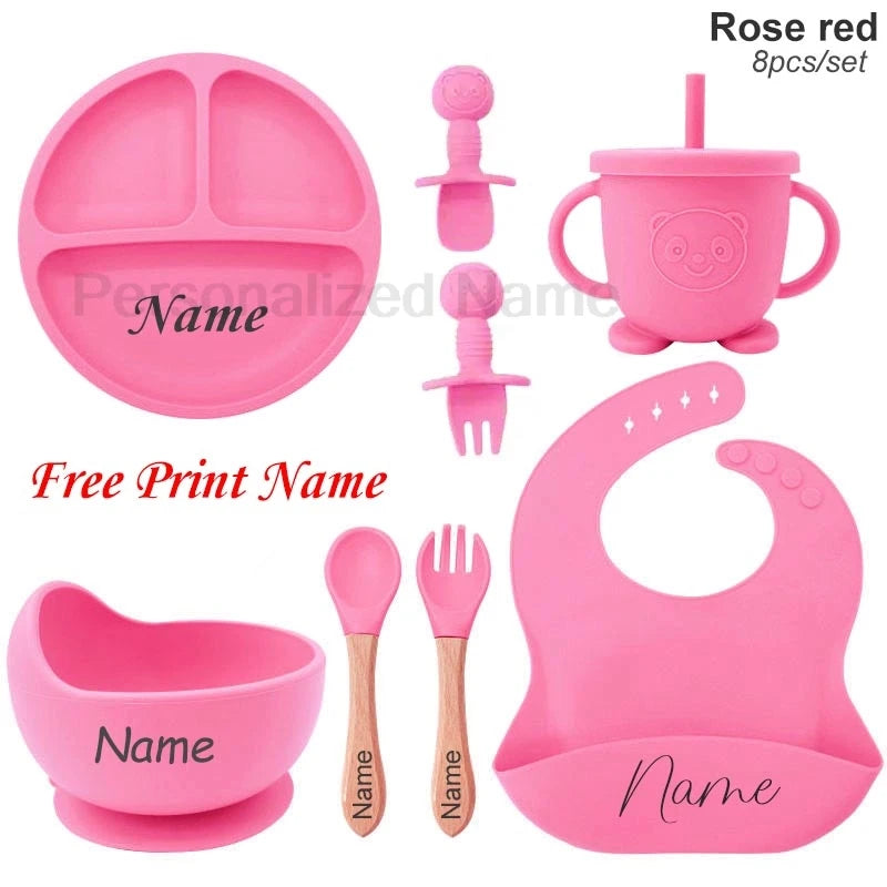 Juego de alimentación de bebé con nombre personalizado, plato de silicona para niños, tazón, taza de paja, vajilla personalizada para niños, suministros para bebés, regalo para recién nacidos