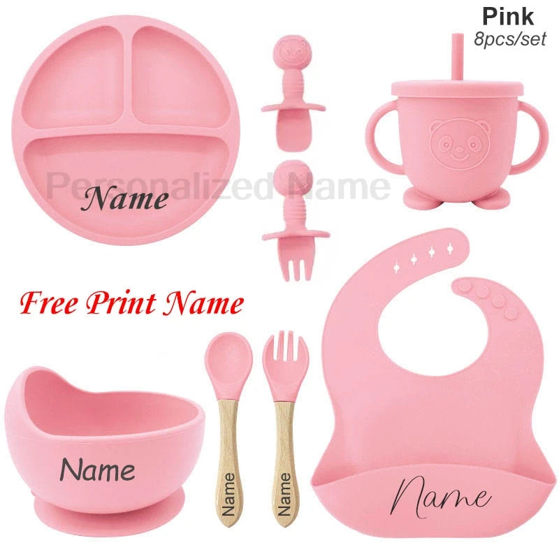 Juego de alimentación de bebé con nombre personalizado, plato de silicona para niños, tazón, taza de paja, vajilla personalizada para niños, suministros para bebés, regalo para recién nacidos