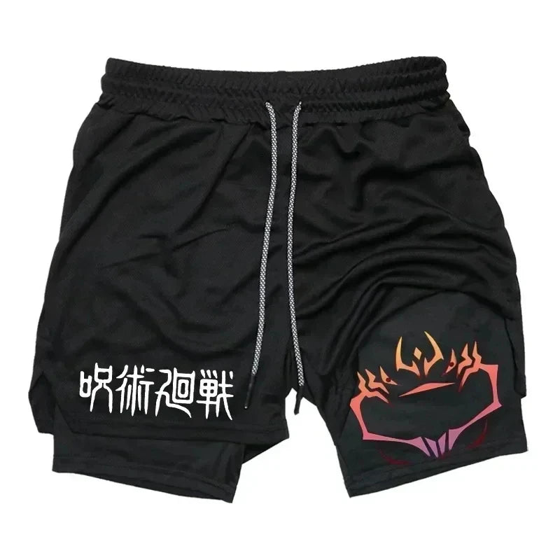 Pantalones cortos deportivos para hombre Jujutsu Kaisen Anime Graphic 2 en 1 pantalones cortos de compresión para hombre pantalones cortos de rendimiento de gimnasio de secado rápido atléticos