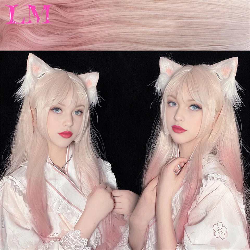 LM Rubio sintético Ombre mezclado rosa Rubio largo ondulado pelucas con flequillo Cosplay fiesta uso fibra resistente al calor para mujeres
