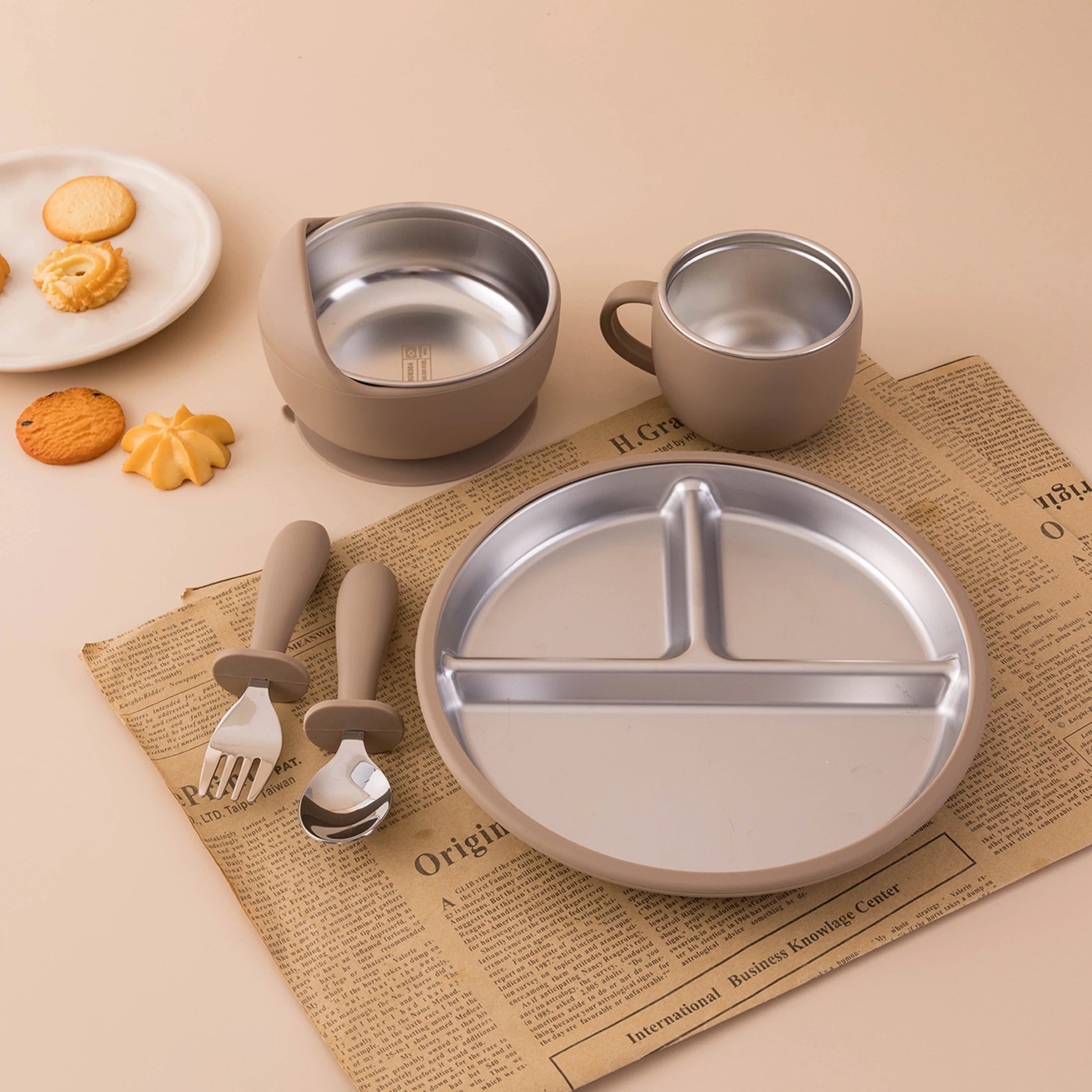 Juego de alimentación de bebé con plato de platos de acero inoxidable, cuenco con ventosa de silicona desmontable, sin BPA, tenedor infantil, cuchara, regalos, 5 uds.
