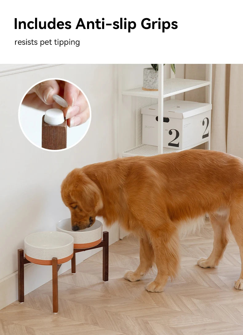 Cuencos grandes de cerámica para mascotas de 1800 ml con soporte de madera: platos de alimentación para perros grandes elevados dobles, cuencos antideslizantes para gatos