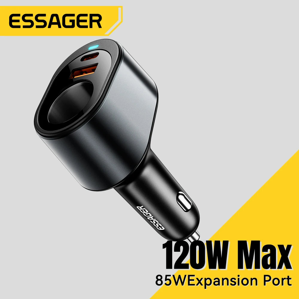 Essager 120W USB C cargador de coche con puerto de encendedor de cigarrillos de coche de 85W adaptador de cargador de coche rápido para iPhone 15 MacBook Xiaomi Laptop