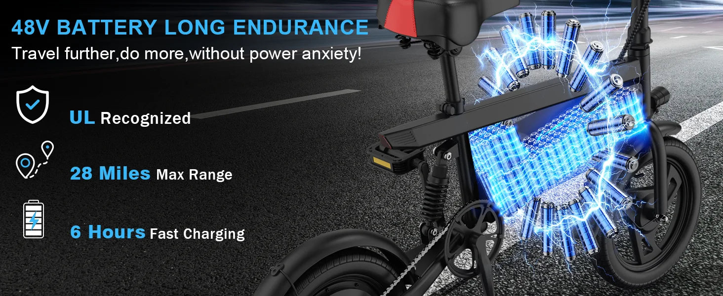Bicicleta eléctrica plegable de 14 pulgadas, Motor sin escobillas de 350W, batería de 48V y 9Ah, velocidad máxima de 22MPH, 28 millas de largo alcance para adultos