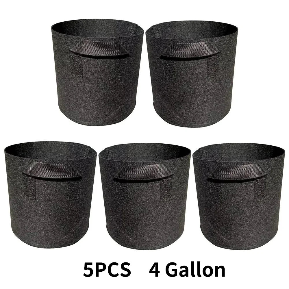 Paquete de 5 bolsas de cultivo, macetas de tela no tejida para plantar jardines con mango reforzado (3 galones, 4 galones, 5 galones, 7 galones, 30 galones)