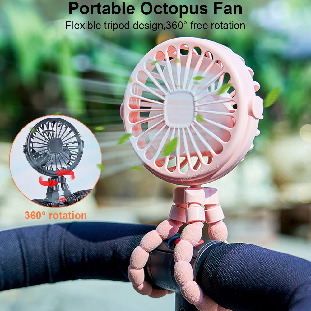 Ventilador Portátil con Clip, Mini Ventilador para Cochecito de Bebé, Recargable por USB, Ventilador Octopus 360 °   Ventilador de Trípode Giratorio para Exteriores, Ventilador Pequeño con Clip