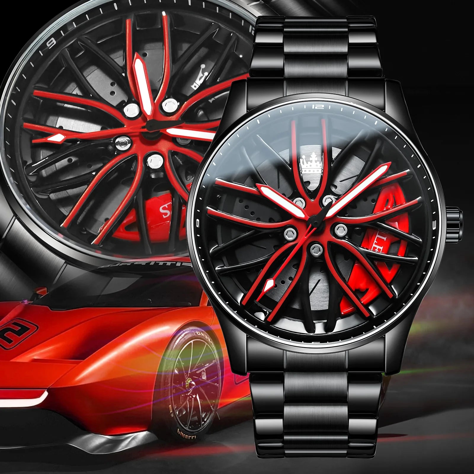 Reloj de pulsera de cuarzo para hombre, de acero inoxidable, a la moda, con esfera deportiva, llanta de coche, cubo de rueda, relojes de pulsera de lujo para negocios
