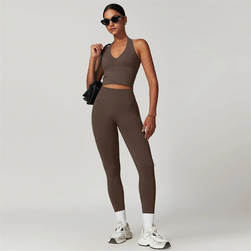 Conjunto de Yoga de 2 piezas para mujer, ropa deportiva de entrenamiento, ropa de gimnasio, Top corto de manga corta, mallas de cintura alta, trajes deportivos