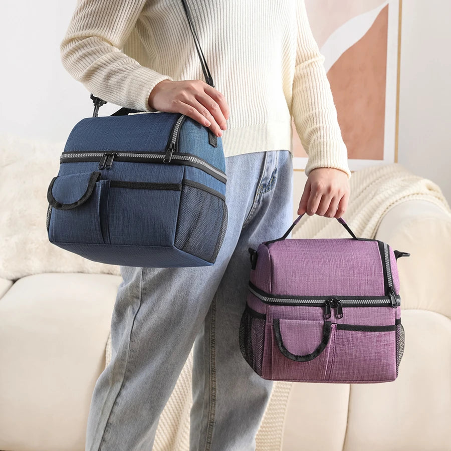 Bolsa térmica para el almuerzo, bolsa térmica de doble capa para acampar, hacer senderismo, viajar, picnic, nevera portátil con doble compartimento