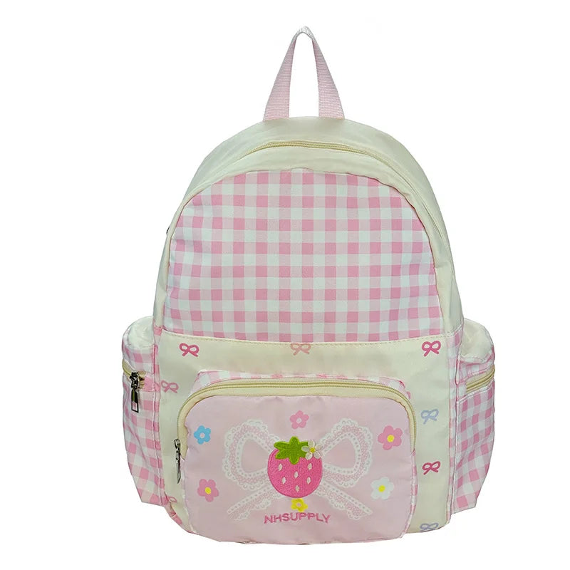 Mochila escolar ligera de nailon a cuadros para niña, bonita mochila impermeable con bordado de fresa Kawaii para ir al trabajo