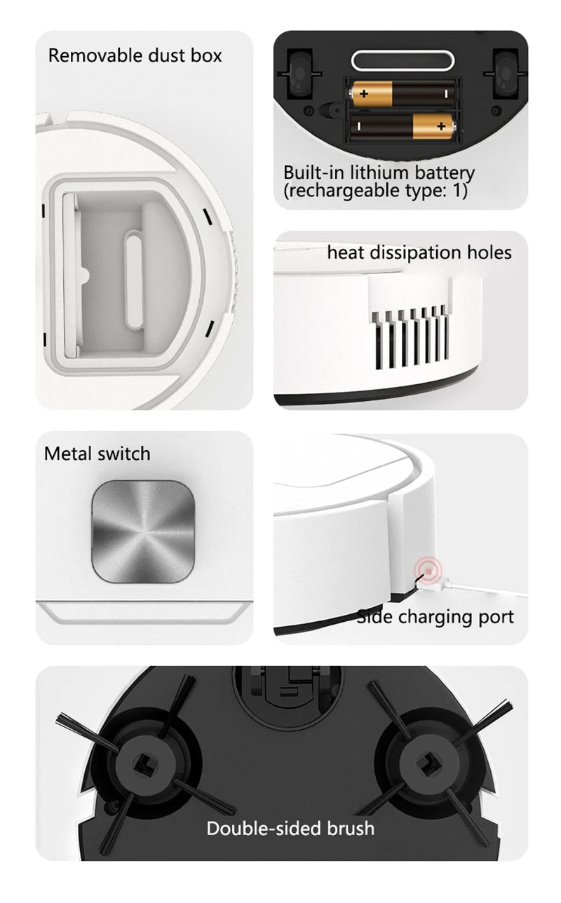Mini Robot Aspirador Inteligente Silencioso, Máquina de Limpieza Multifunción Tres en Uno, Aspiradora, Trapeador, Cepillo 2025