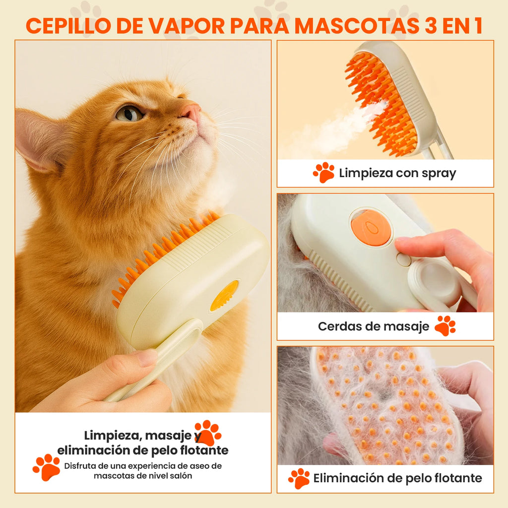 Peine para perros Cepillo de masaje con pulverizador para perros y gatos, cepillo de vapor 3 en 1 con un botón, plegable, giratorio, flotante, para depilación