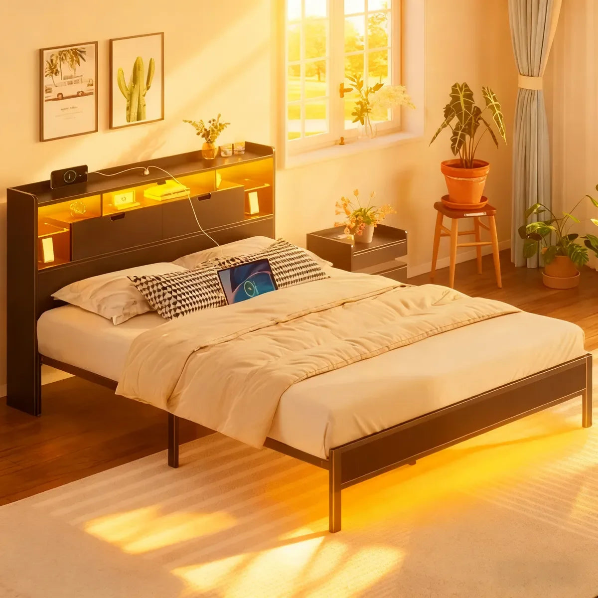 Estructura de cama LED, Mesita de Noche con Espacio de Almacenamiento y Carga Inalámbrica | Luz Nocturna y Base Multifuncional, 211 x 139 x 113 cm (Negro)