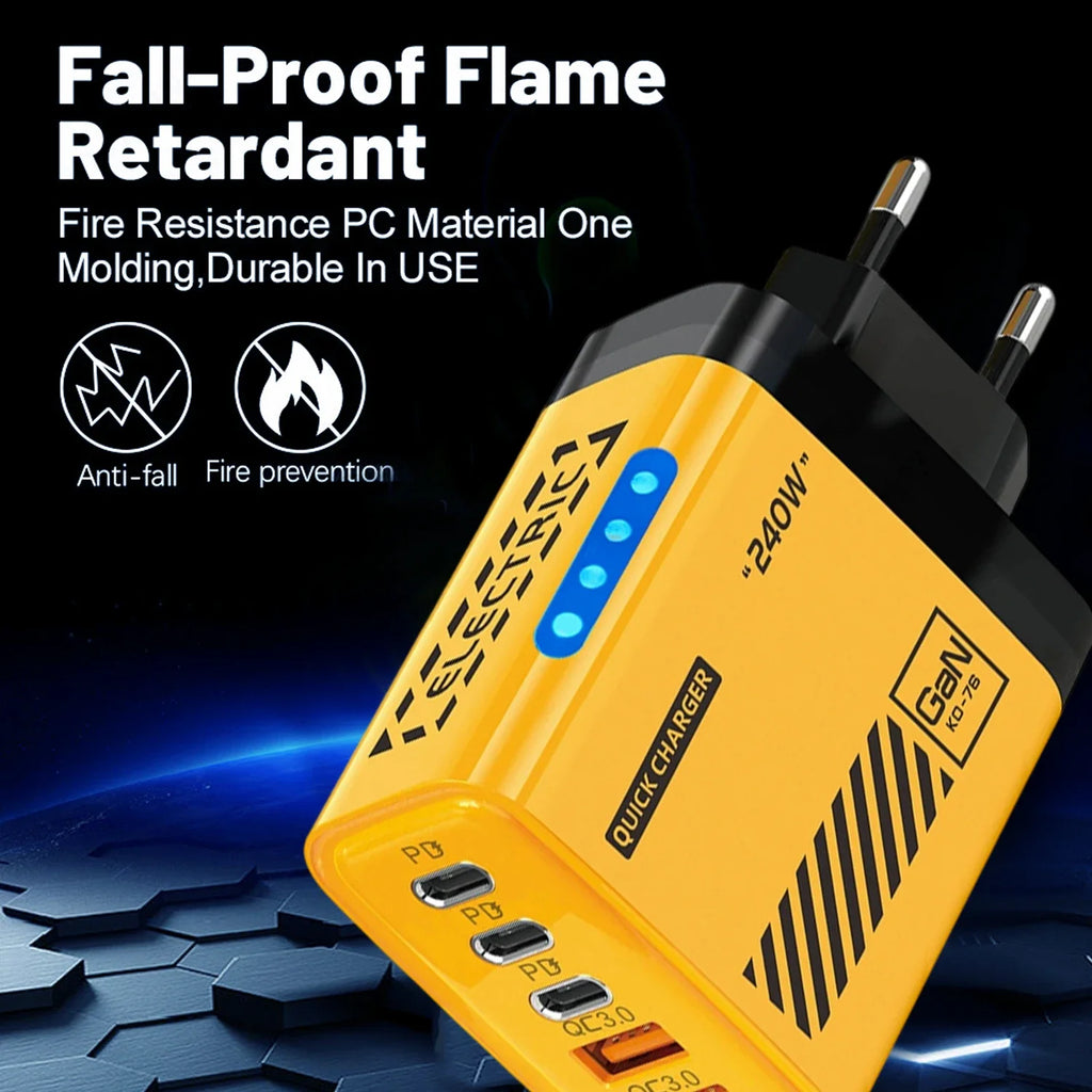 Cargador Rápido de Teléfono de 240W, Enchufe US/EU, QC3.0 PD USB, 5 Puertos, Cabezal de Carga GaN con Luz LED para iPhone 17 16, Samsung, Huawei
