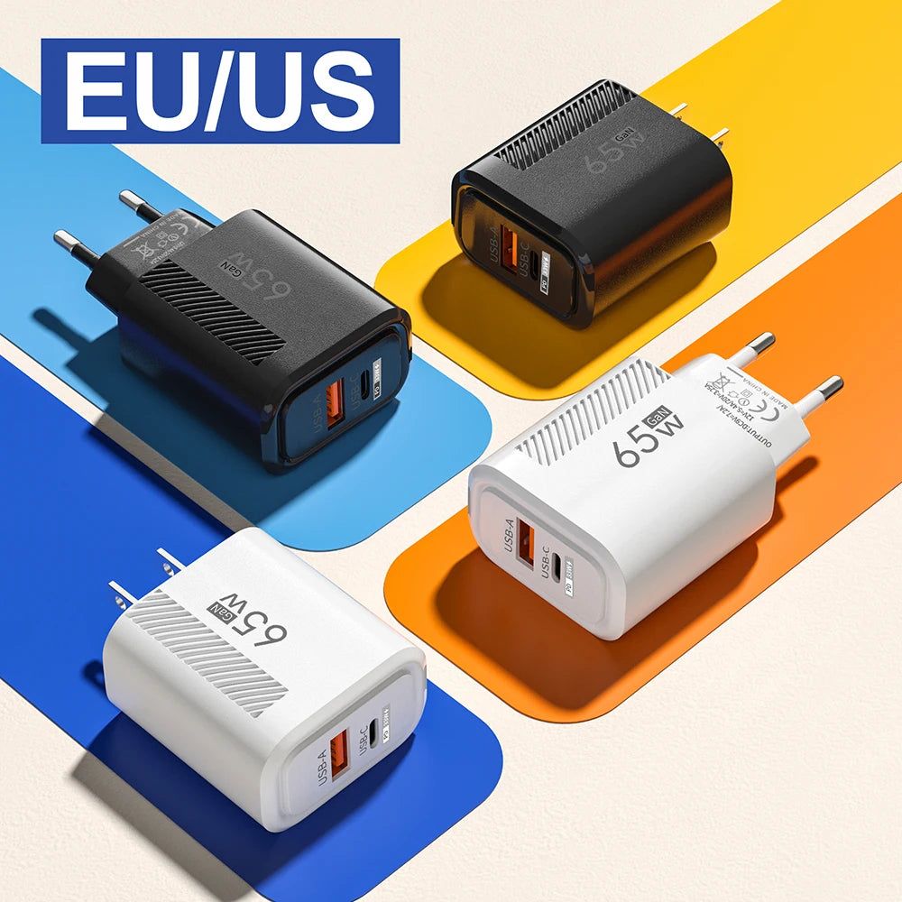 Cargador de USB-C de 65W GaN, Cable PD tipo C de carga rápida, adaptador de teléfono móvil para iPhone 16, Xiaomi, Samsung, Xiaomi, QC 3,0, cargador de pared