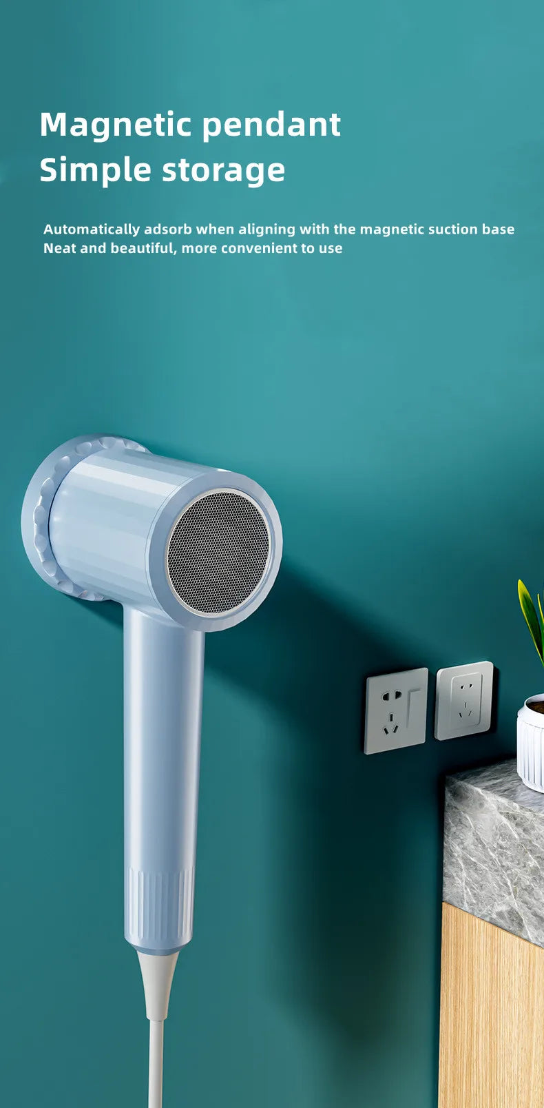 Secador de Pelo Profesional de 2400W con Aire Frío y Caliente, Temperatura Constante, Luz Azul, Iones Negativos y Silencioso