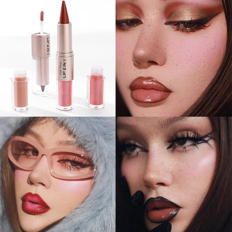 Delineador de labios cónico negro y marrón, lápiz de contorno, espejo de doble cabeza, brillo de labios de cristal, maquillaje de tinte de labios rojos sexis