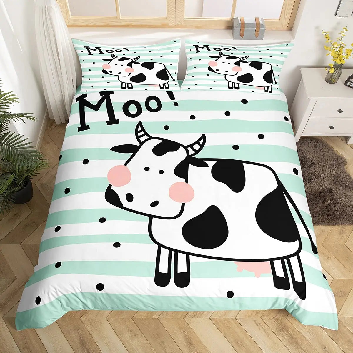 Juego de funda nórdica con estampado de vaca, edredón de poliéster con dibujos de animales, vaca, garabatos, granja, tamaño doble, Queen y King