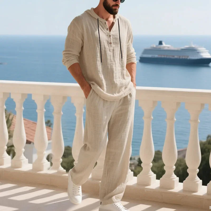 Conjunto informal holgado de lino para hombre, camisa Henry de manga larga y pantalones largos, conjunto cómodo y transpirable a la moda para otoño 2025