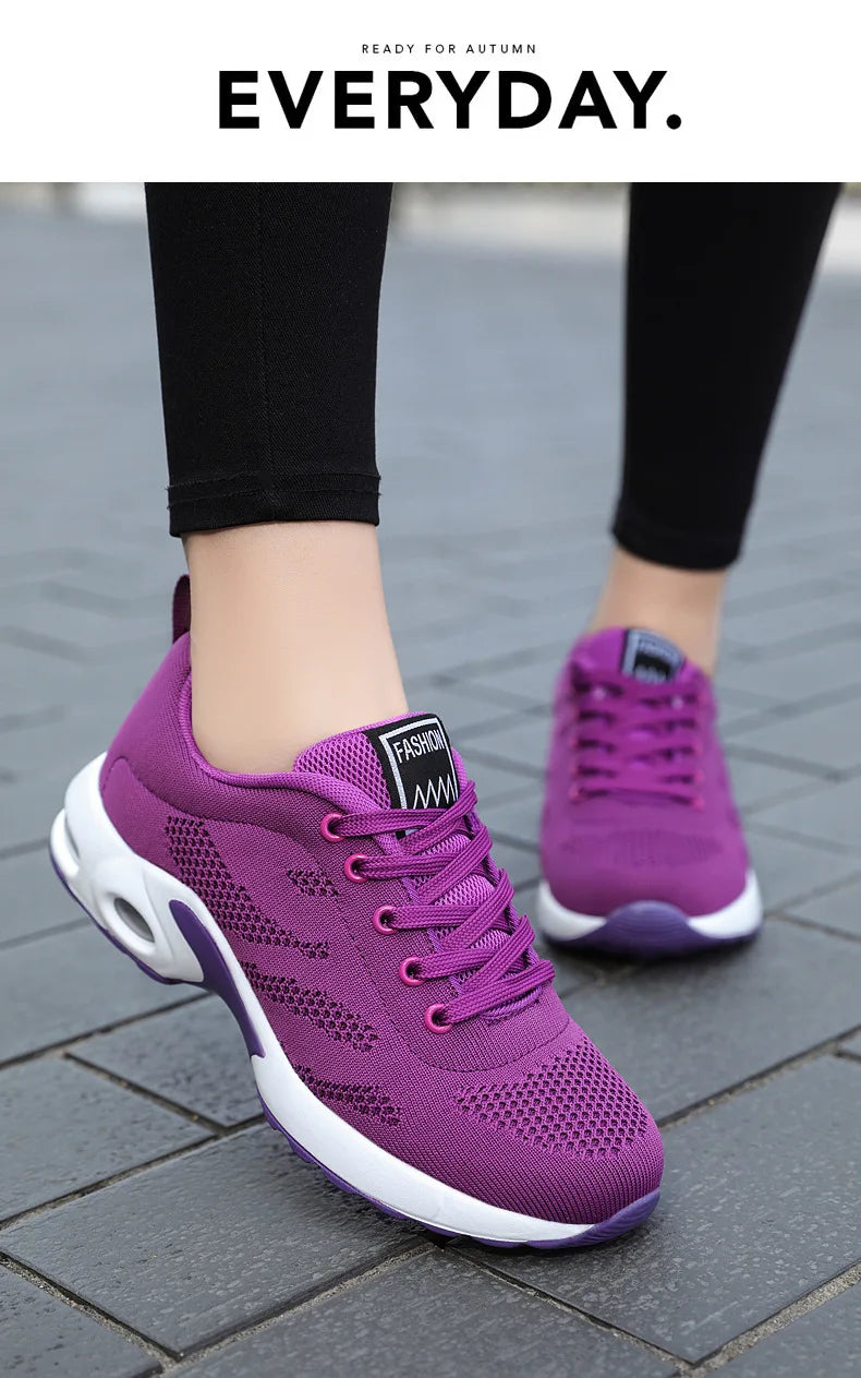 Zapatos deportivos transpirables con amortiguación de aire para mujer, zapatillas informales con cordones cruzados y tacón plano con punta redonda de estilo coreano